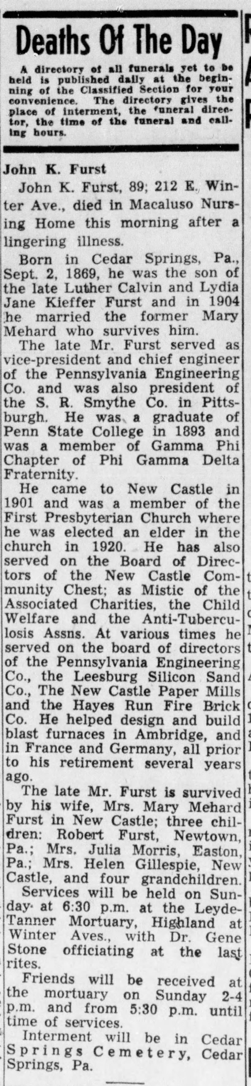 John Furst's Obituary - New Castle News, March 7, 1959