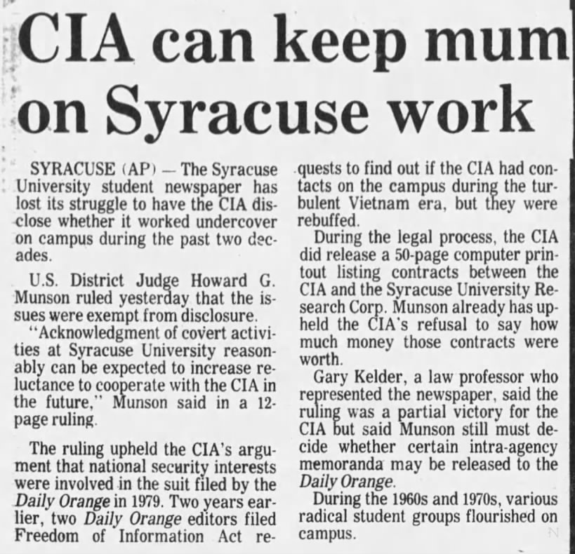 Syracuse University The Daily Orange CIA Lawsuit Lost