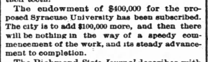 Syracuse University $400,000 endowment 1871