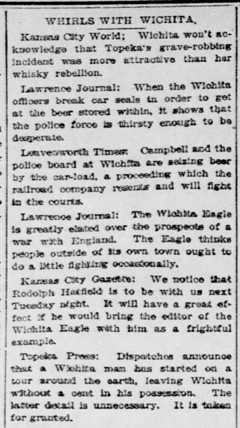 Rodolph Hatfield Whirls with Wichita column Wichita Eagle 22 Dec 1895