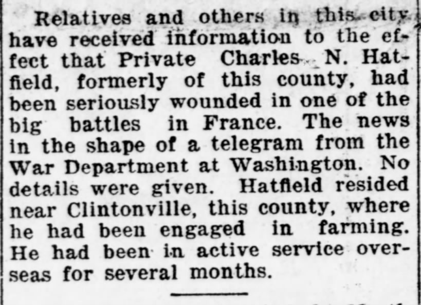 Charles N Hatfield injured in France