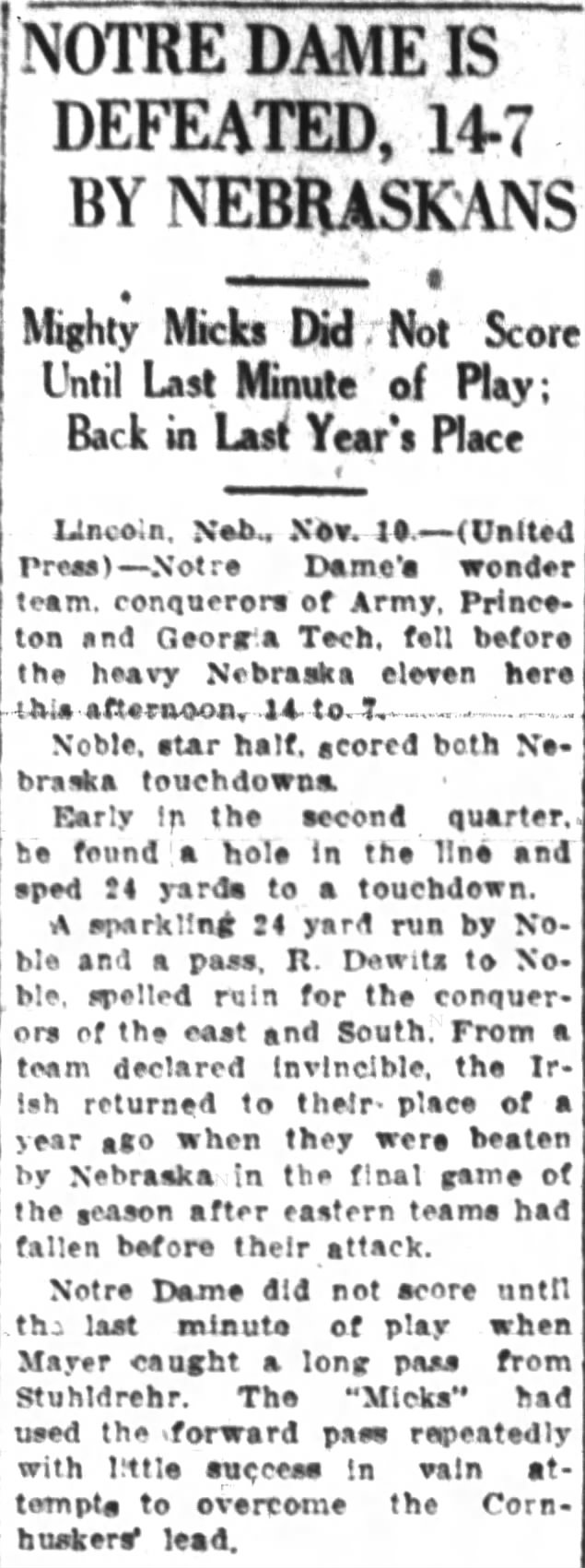 1923 Nebraska-Notre Dame, United Press