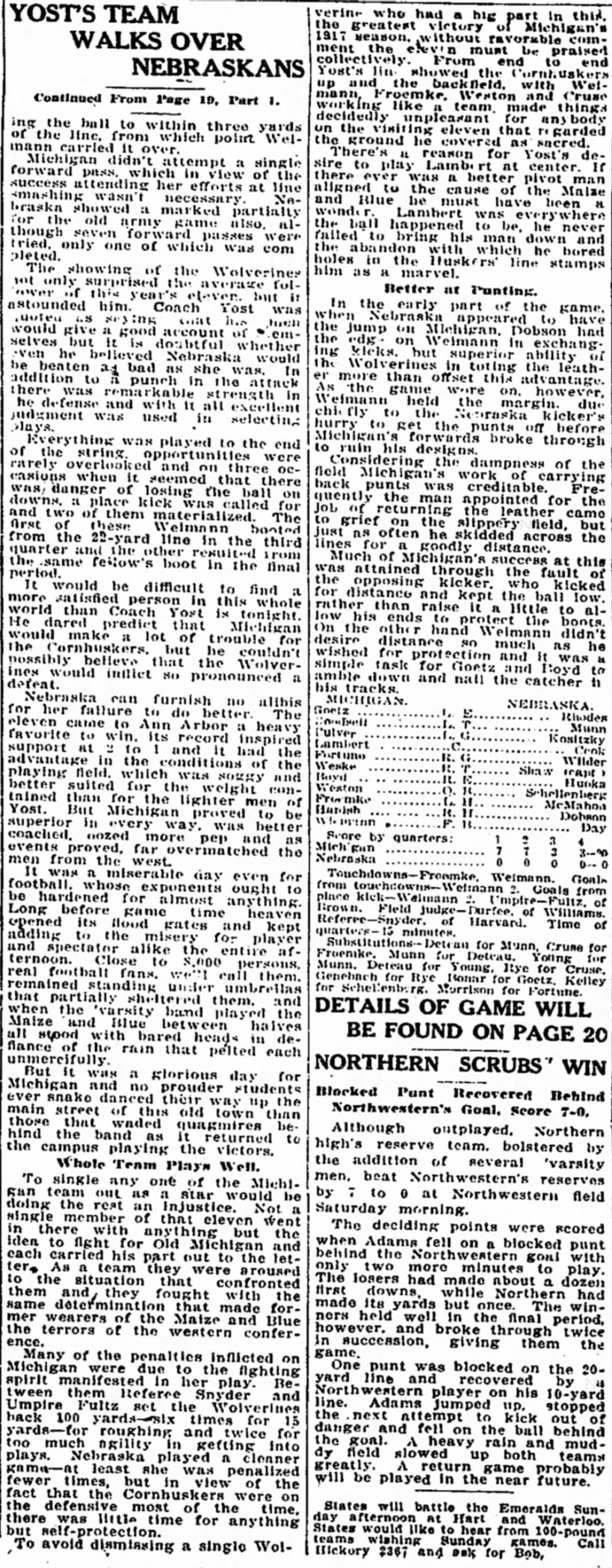 1917 Nebraska-Michigan, Detroit Free Press part 2