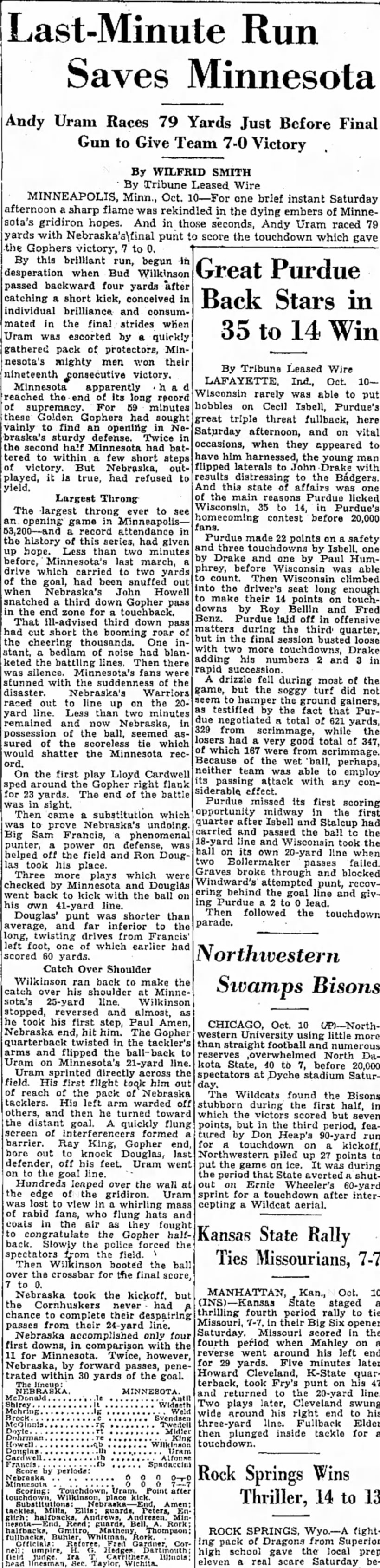 1936 Nebraska-Minnesota, wire story