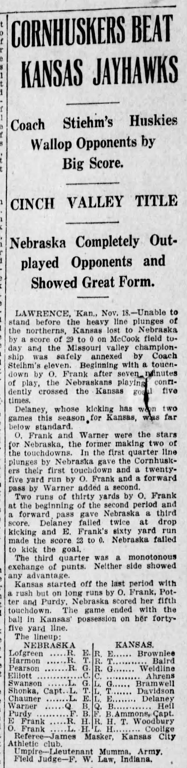 1911 Nebraska-Kansas football, Des Moines