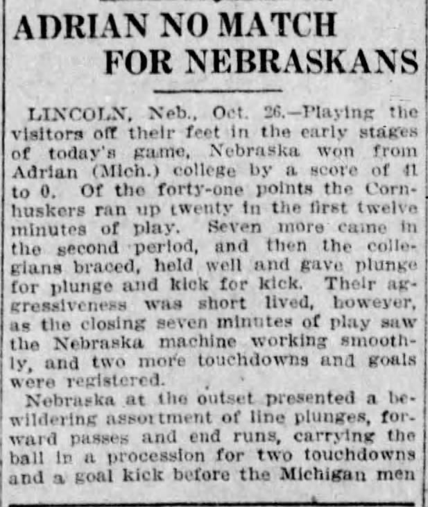 1912 Nebraska-Adrian, Des Moines Register part 1