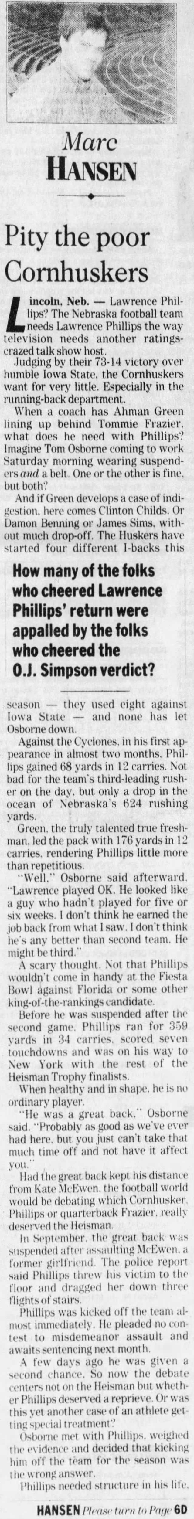 1995 Nebraska-Iowa State, Hansen column