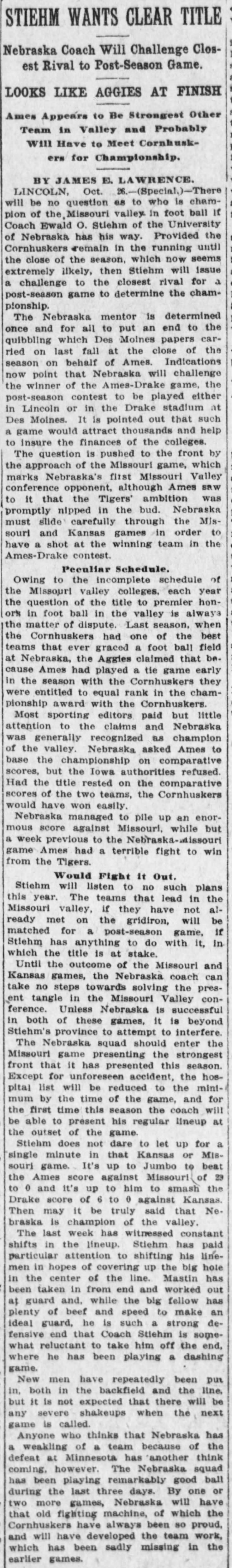 1912 Stiehm wants clear title, postseason game