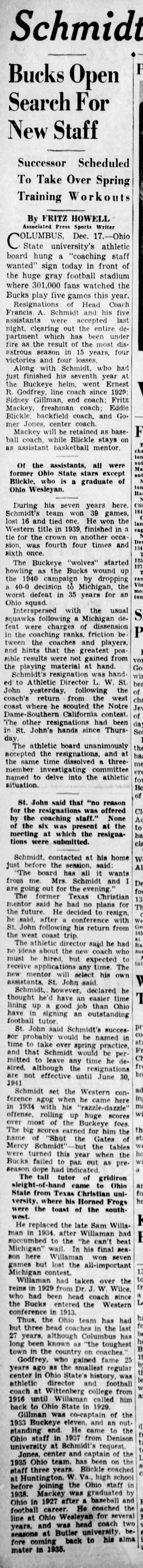 1940 Francis Schmidt resigns at Ohio State