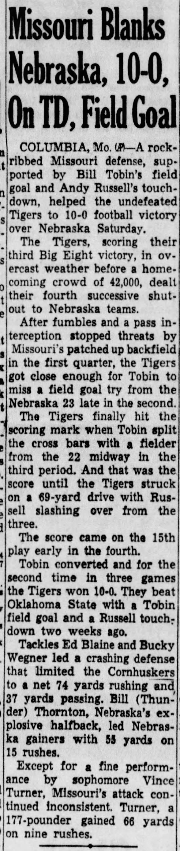 1961 Nebraska-Missouri football, AP