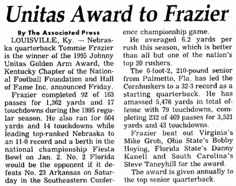 1995 Tommie Frazier wins Unitas award