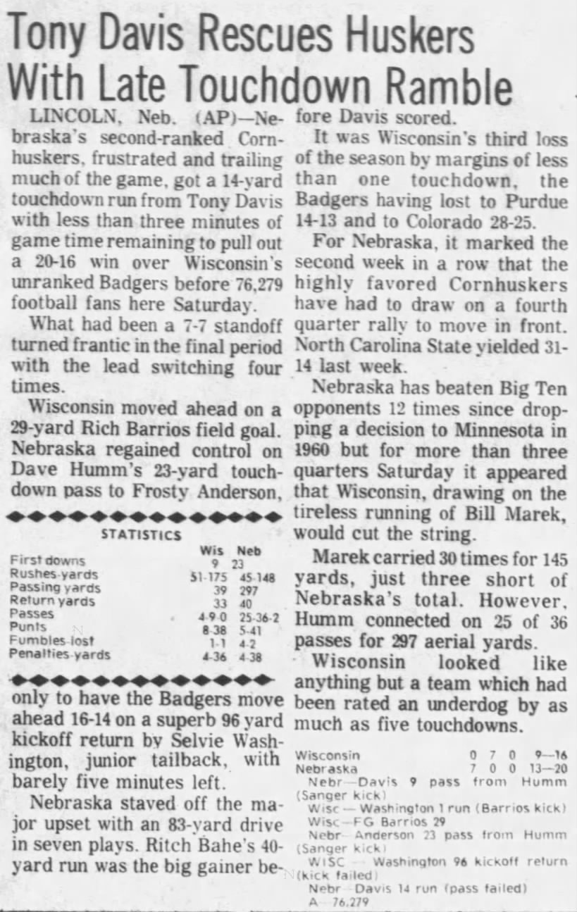 1973 Nebraska-Wisconsin football AP