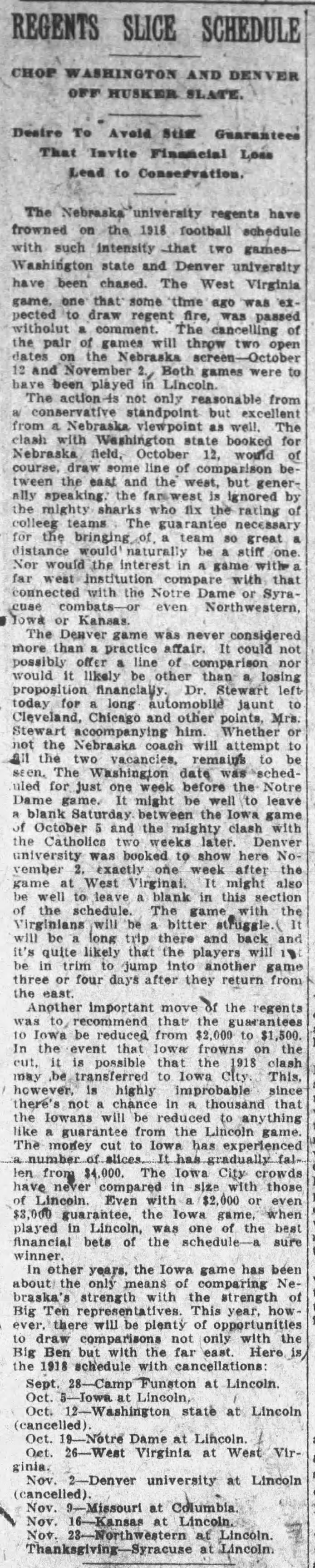 1918 Nebraska cancels home games with Washington State & Denver, financial reasons