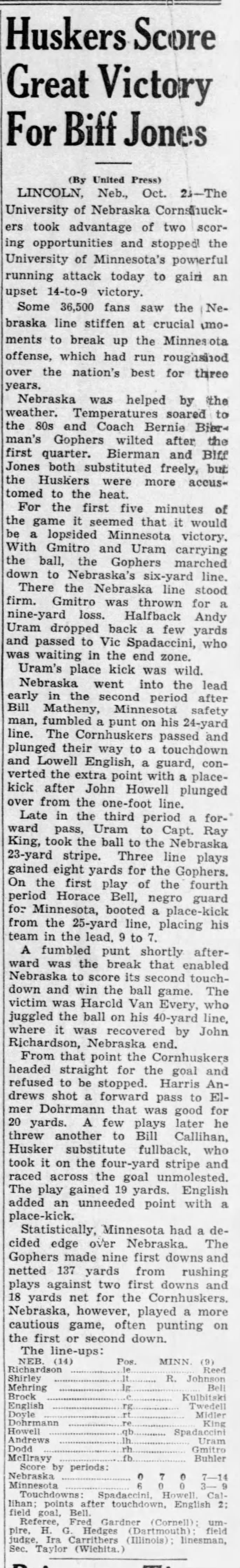 1937 Nebraska-Minnesota, United Press