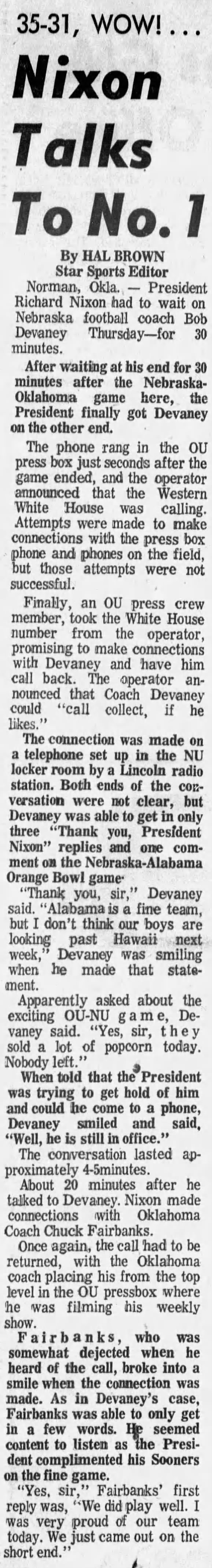 1971 Nebraska-Oklahoma call from Nixon