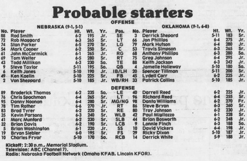 1986 Nebraska-Oklahoma lineups