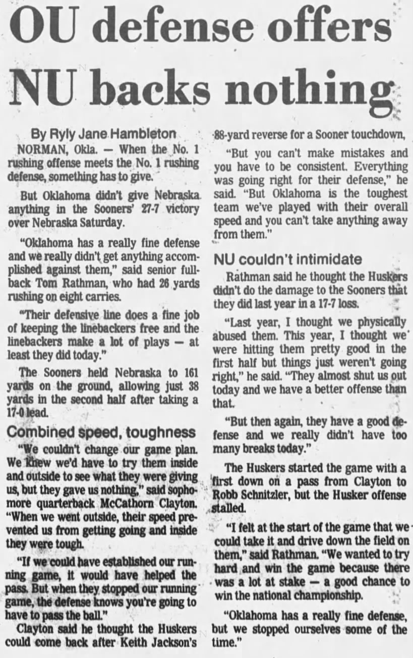 1985 Nebraska-Oklahoma LJS rush defense