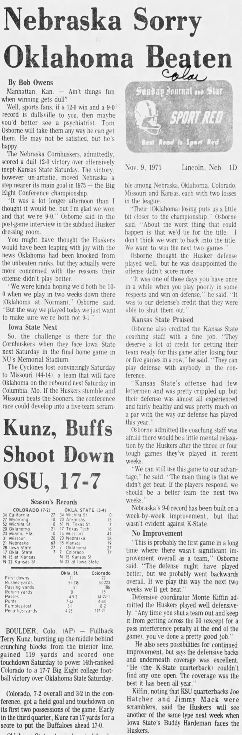 1975 Nebraska-Kansas State LJS Okla. loss