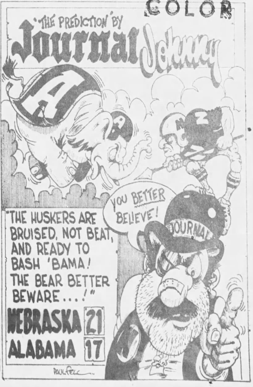 1977 Nebraska-Alabama football, Journal Johnny prediction