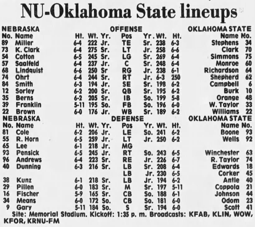 1978 Nebraska-Oklahoma State lineups