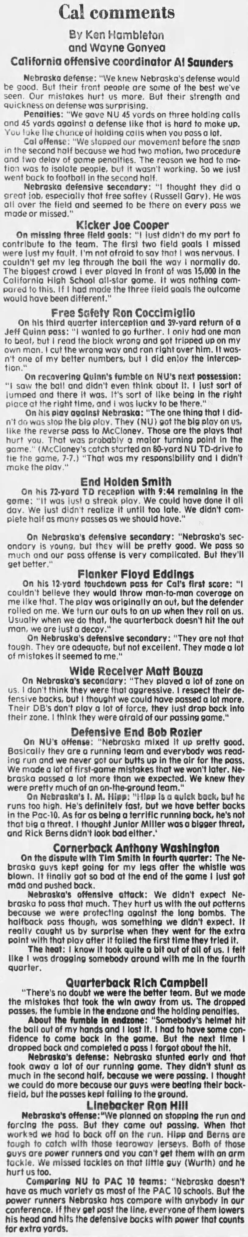 1978 Nebraska-Cal football, Cal quotes