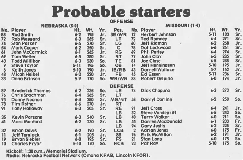 1986 Nebraska-Missouri lineups