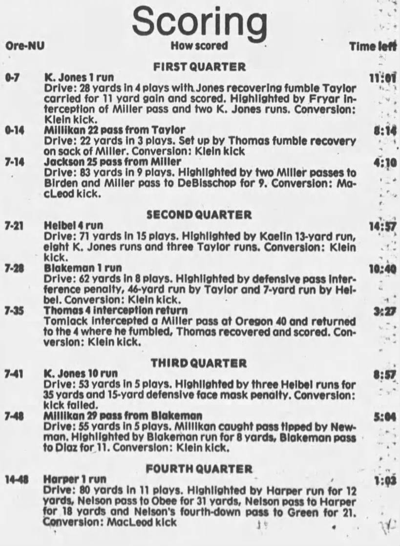 1986 Nebraska-Oregon scoring summary