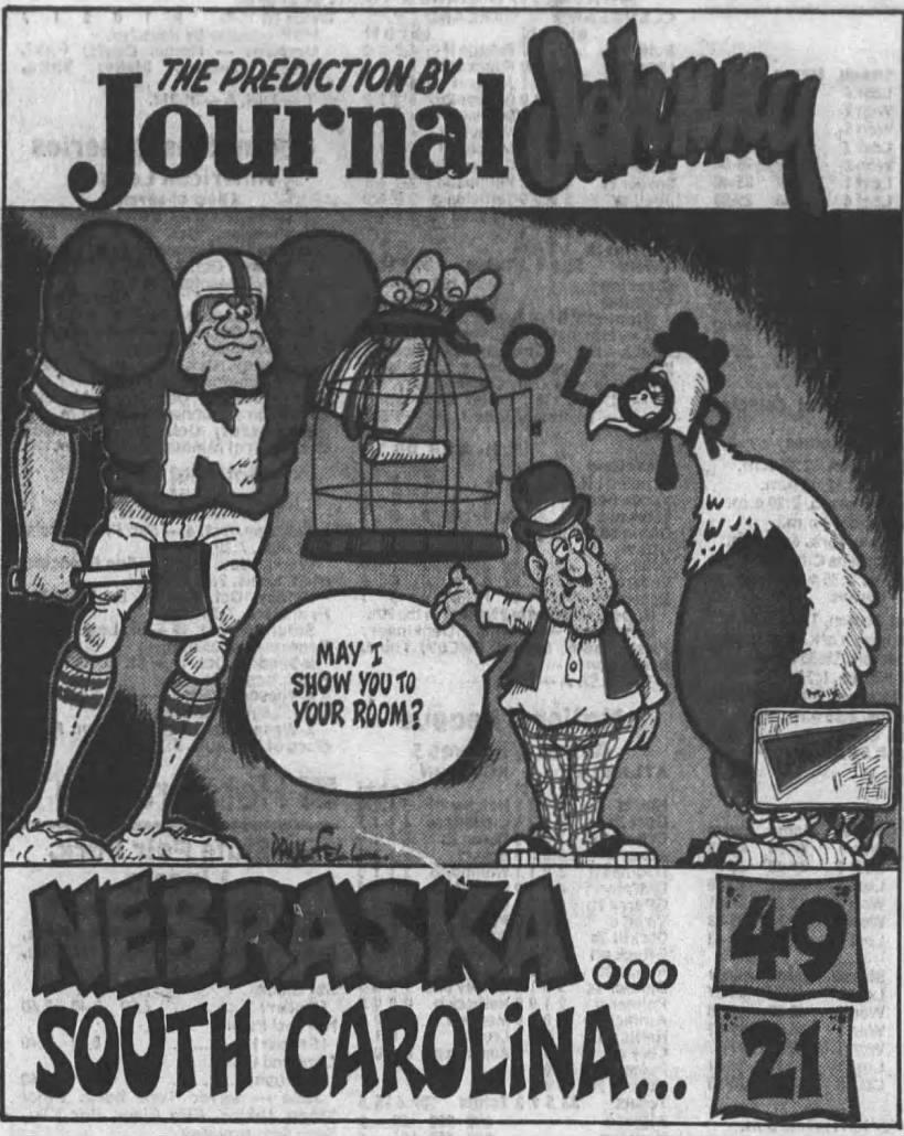 1987 Nebraska-South Carolina football, Journal Johnny prediction