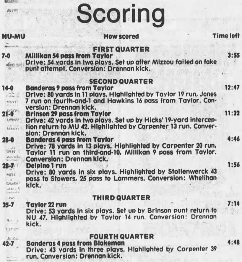 1987 Nebraska-Missouri football scoring summary
