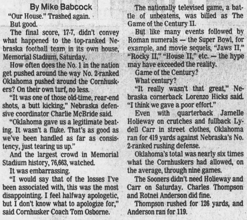 1987 Nebraska-Oklahoma football, Mike Babcock column 1