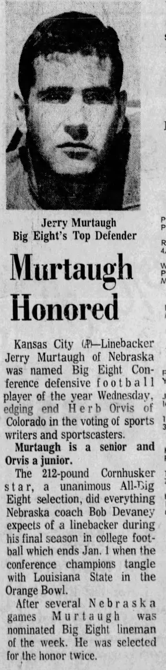 1970.12.09 Murtaugh Big Eight Defensive Player of the Year