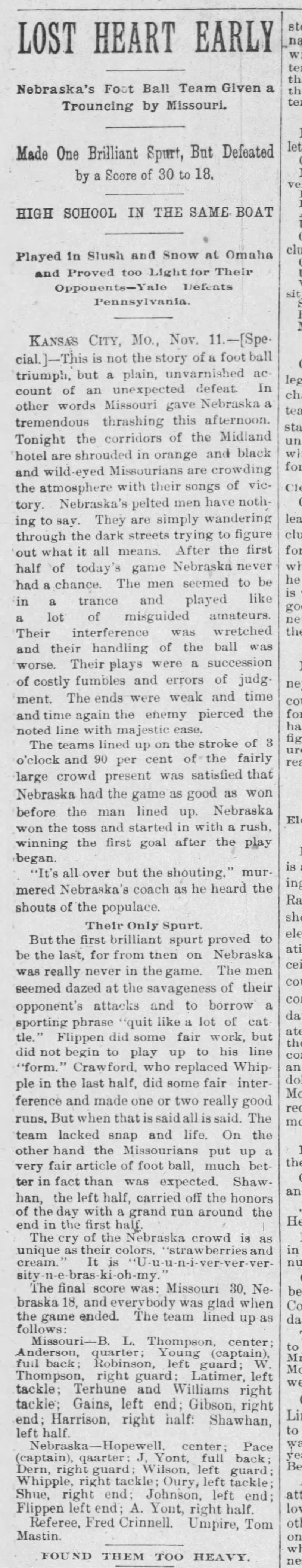 1893 Nebraska-Missouri football, Journal