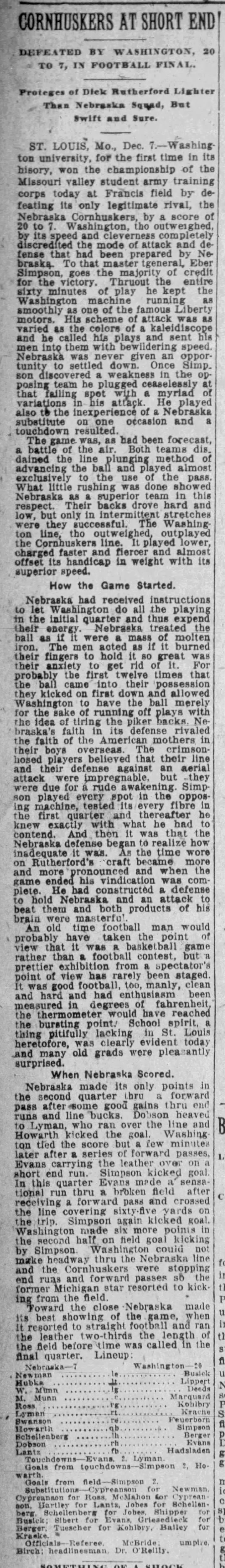 1918 Nebraska @ Washington St. Louis football, Nebraska State Journal