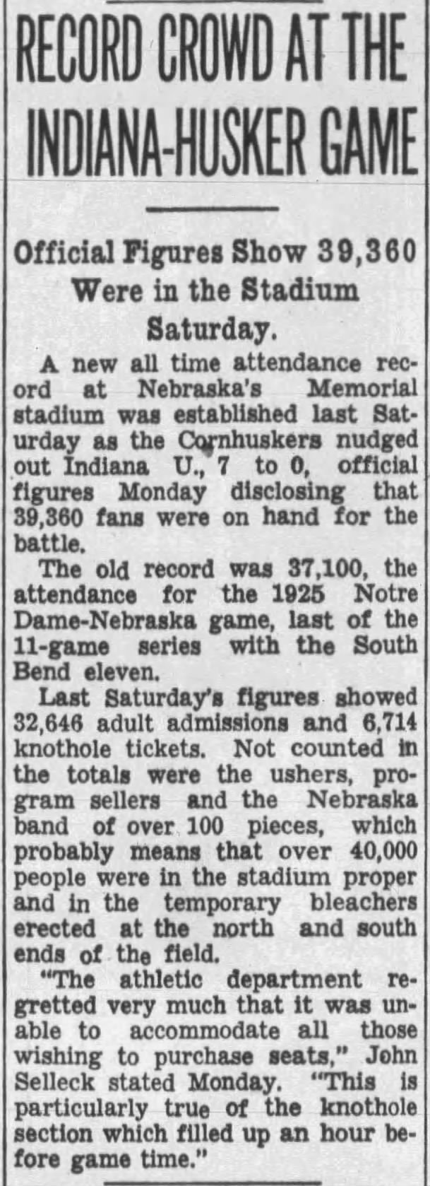 1937 Nebraska-Indiana attendance sets record