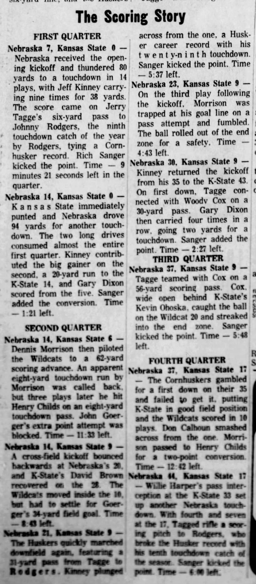 1971 Nebraska-Kansas State scoring summary