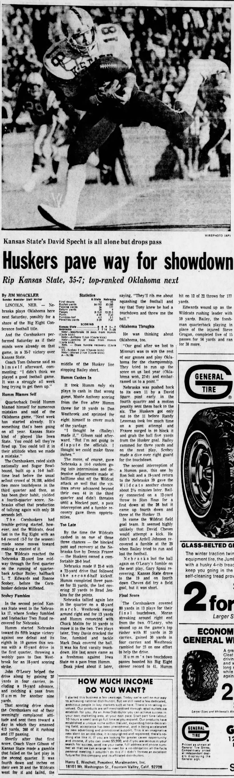 1974 Nebraska-Kansas State football, Des Moines Register story
