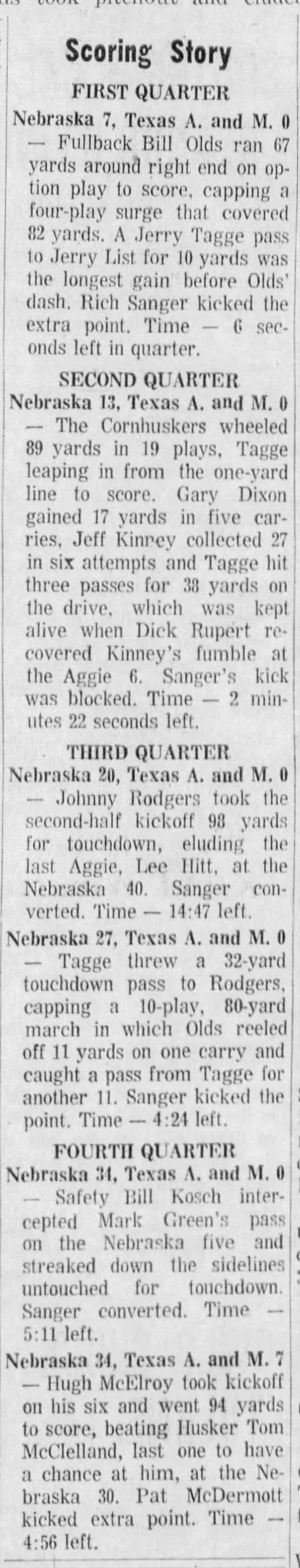 1971 Nebraska-Texas A&M scoring summary