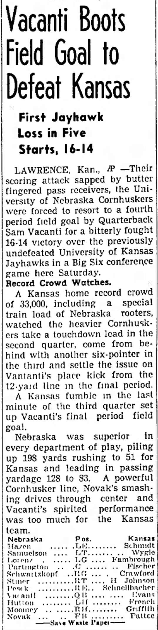 1946 Nebraska-Kansas football, AP