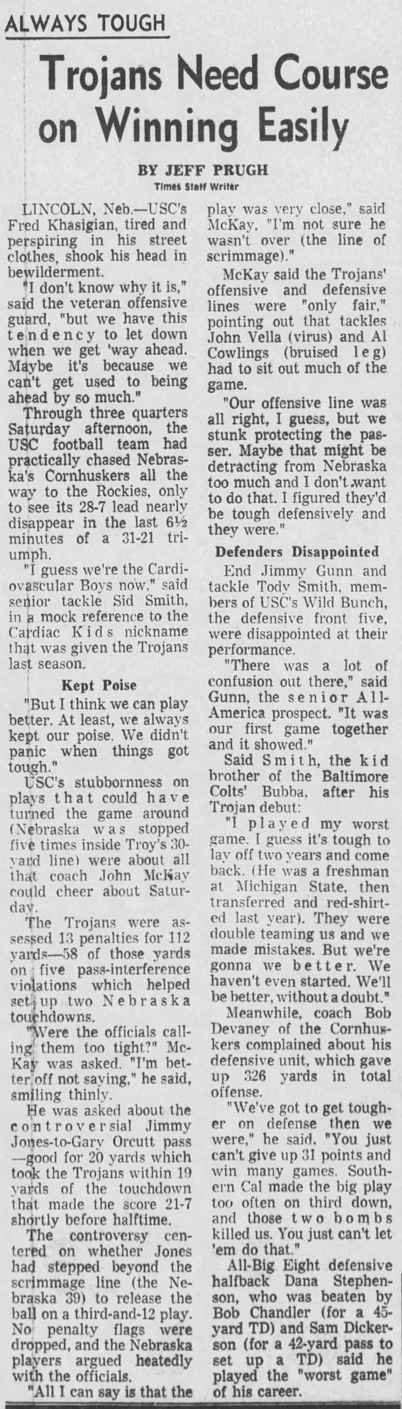 1969 Nebraska-Southern Cal football, LA Times