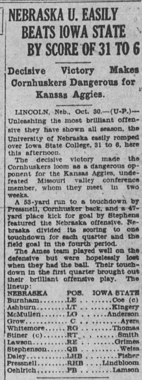 1926 Nebraska-Iowa State, UP