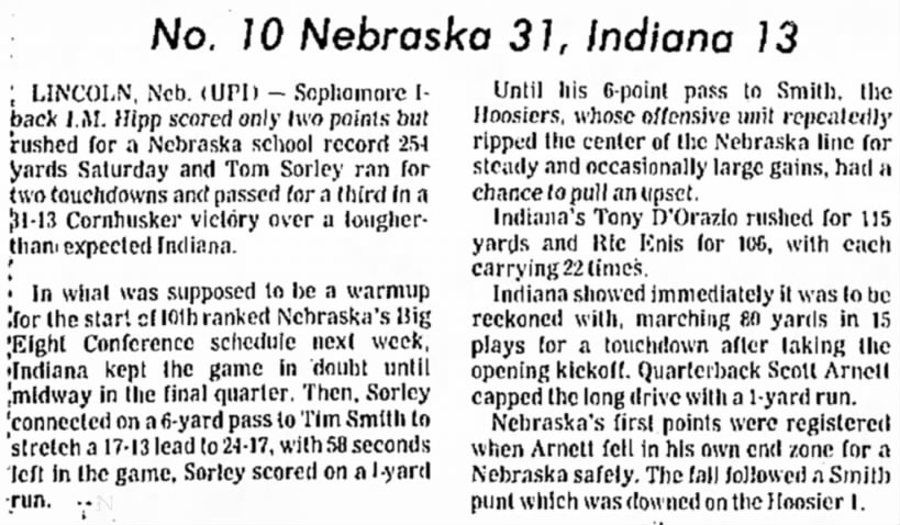 1977 Nebraska-Indiana UPI