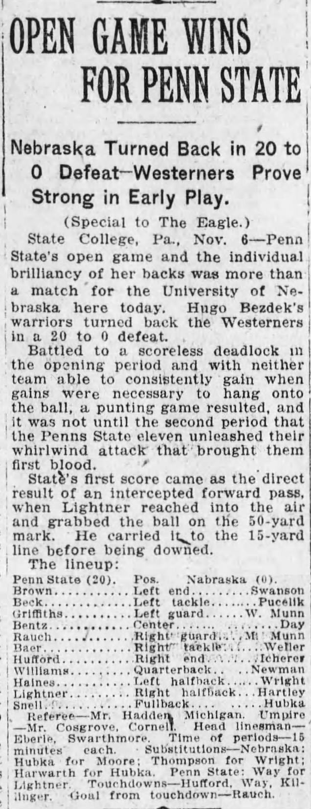 1920 Nebraska-Penn State, Brooklyn Daily Eagle