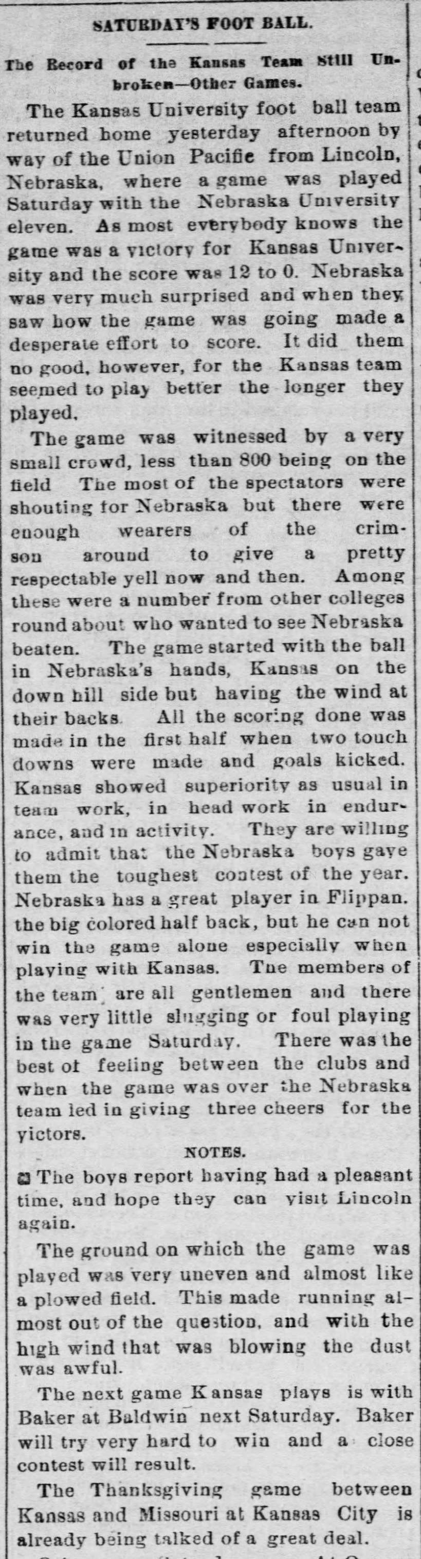 1892 Nebraska-Kansas football Lawrence paper