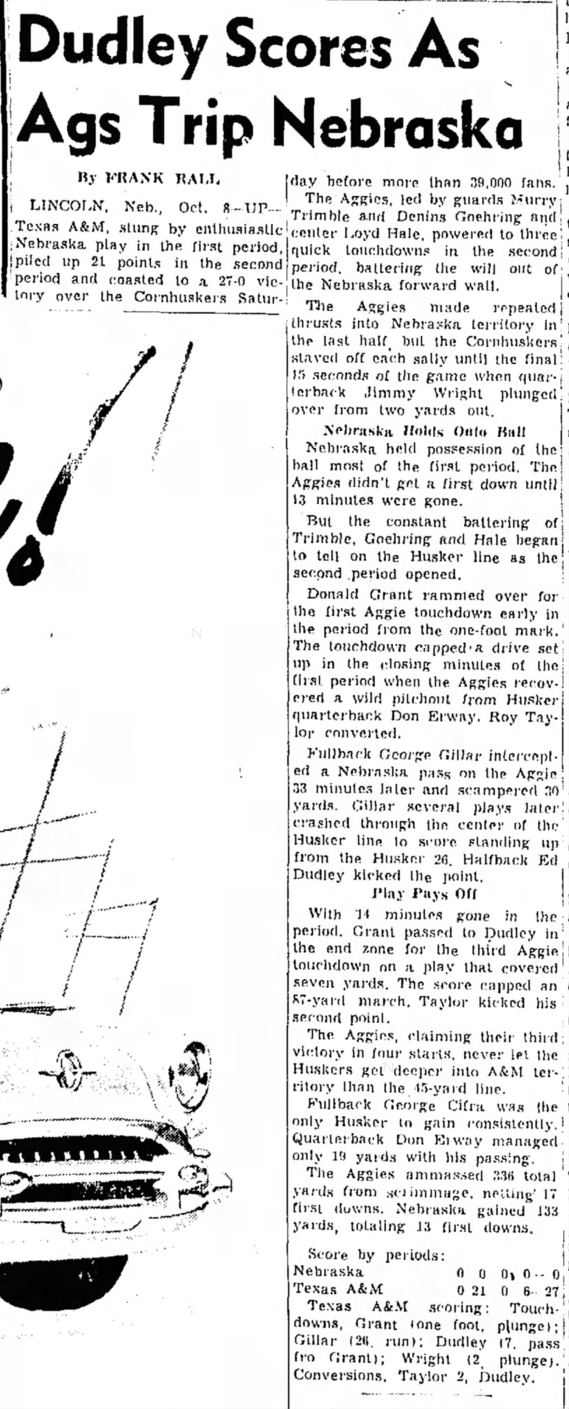 1955 Nebraska-Texas A&M football, UP story