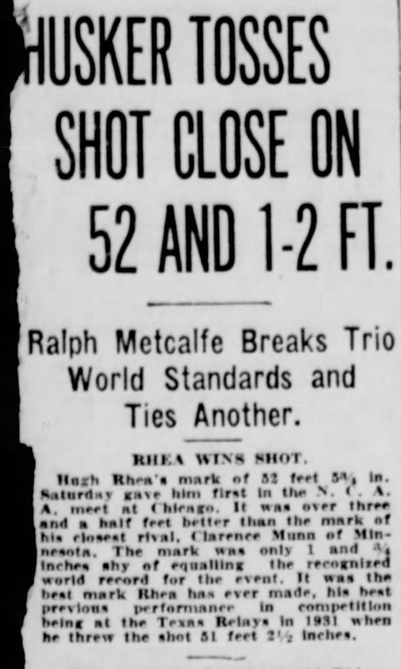 1932 Hugh Rhea shot put record