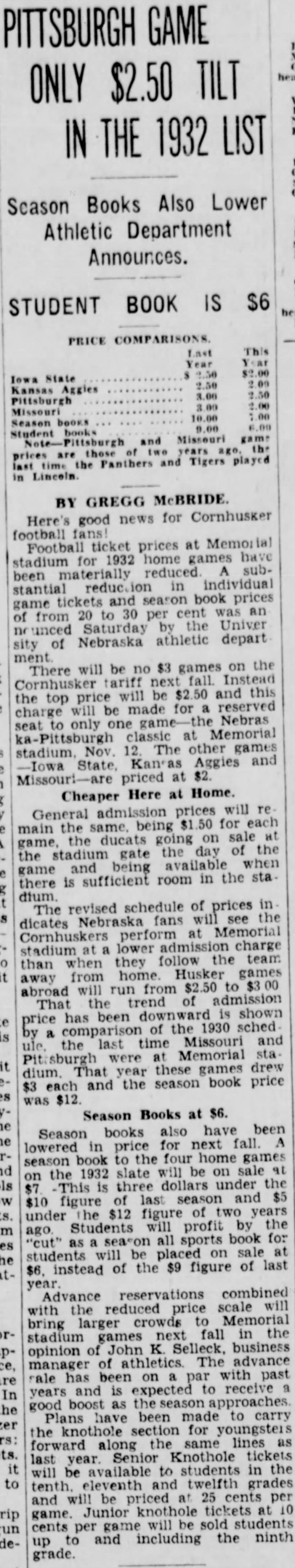 1932 Nebraska football ticket prices reduced