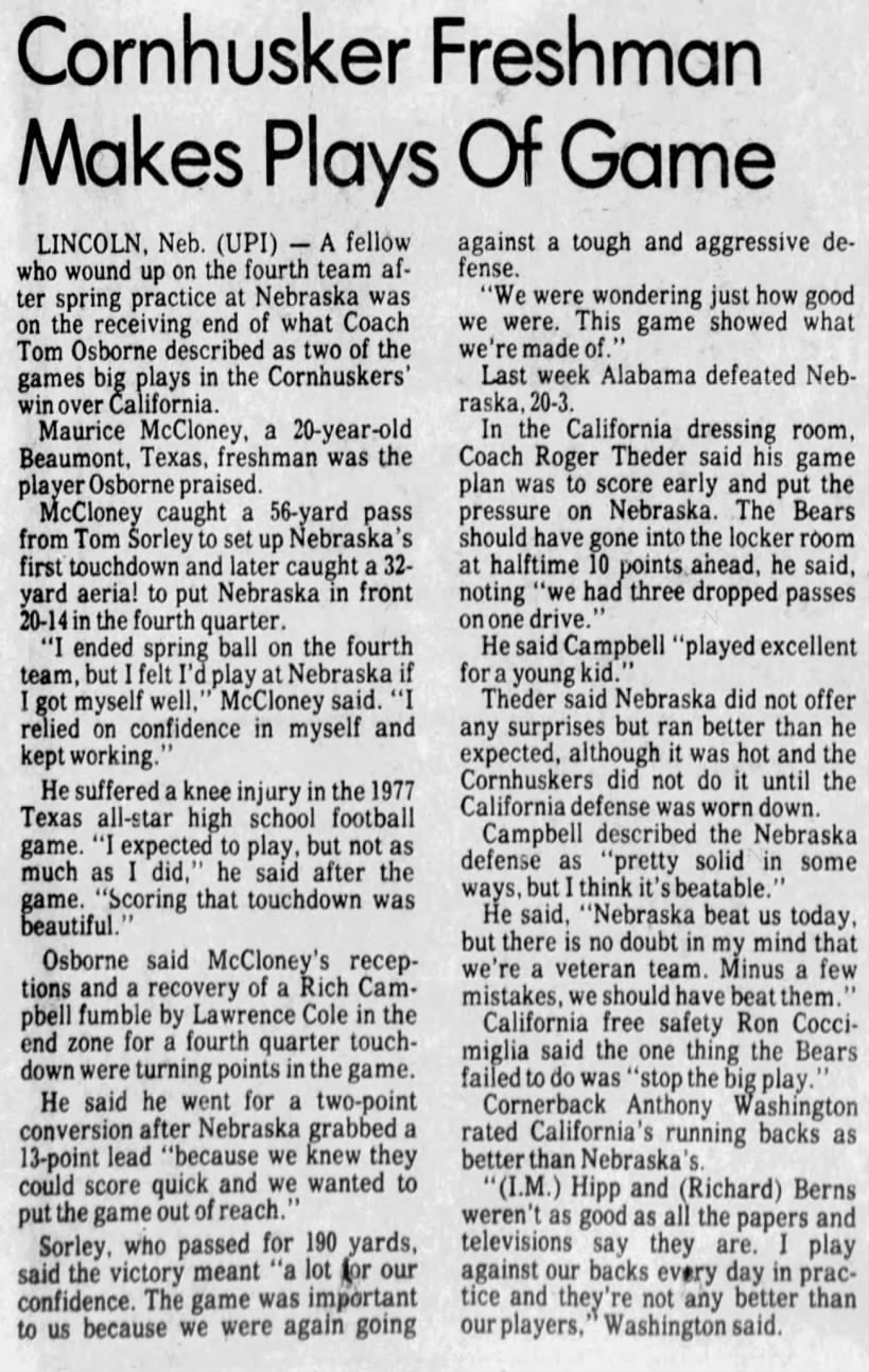 1978 Nebraska-Cal football UPI