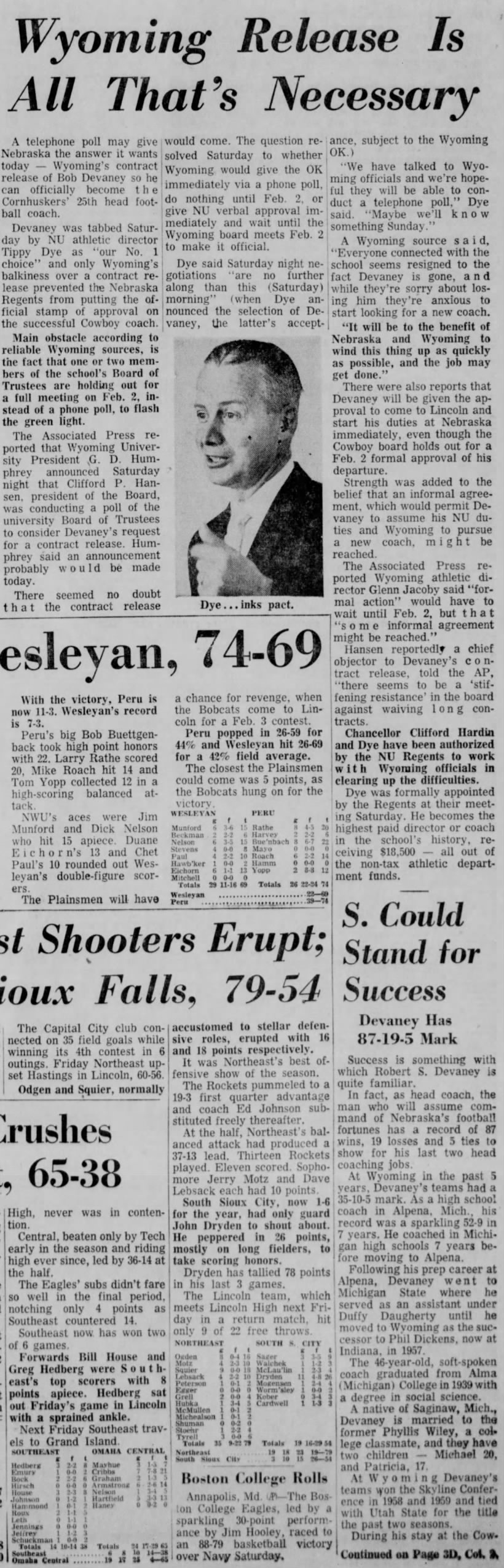 1962 Devaney hired, Wyoming release needed, LJS
