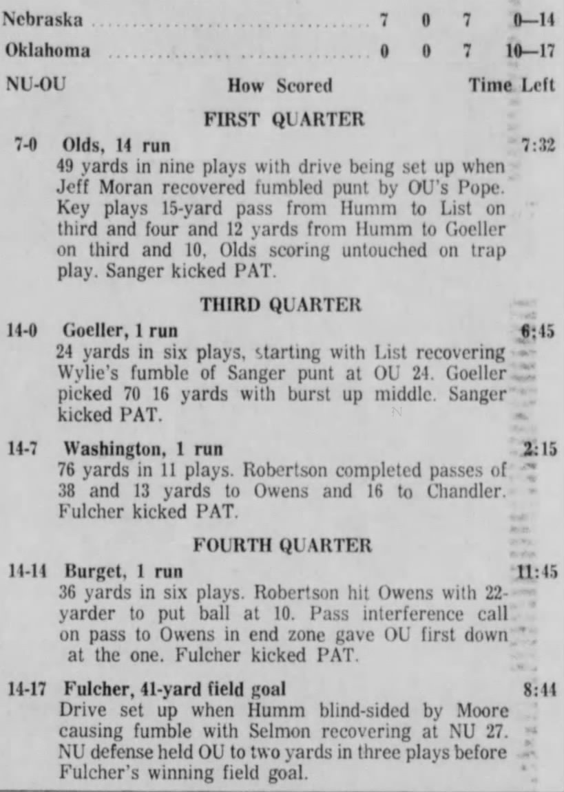 1972 Nebraska-Oklahoma football scoring summary