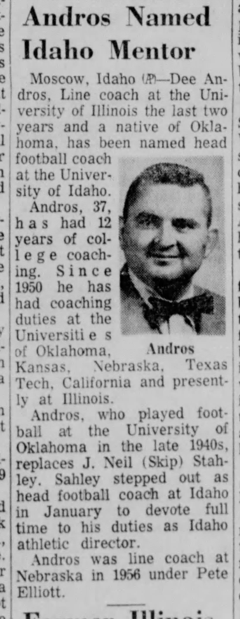 1962 Dee Andros named head coach at Idaho